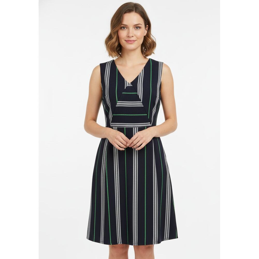 Beautifully Couture Blue Green Striped Sleeveless Lined V-Neck Dress, Small